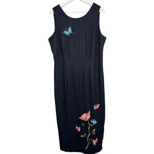 Vintage Ultra Embroidered Floral/Butterfly Sleeveless Midi Sheath Dress Black 12